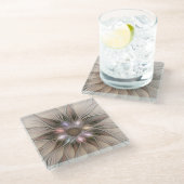 うれしそうな花抽象芸術ベージュブラウンフローラフラクタル ガラスコースター (アングル)