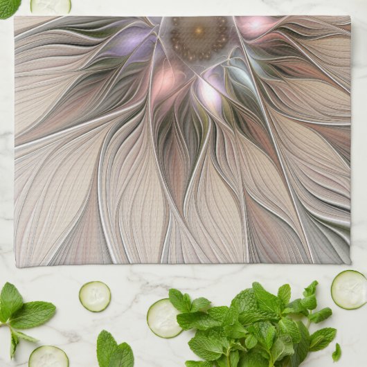 うれしそうな花抽象芸術ベージュブラウンフローラフラクタル キッチンタオル (折り畳み)