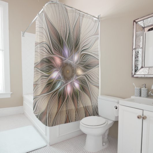 うれしそうな花抽象芸術ベージュブラウンフローラフラクタル シャワーカーテン (インサイチュ)
