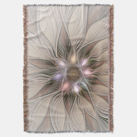 うれしそうな花抽象芸術ベージュブラウンフローラフラクタル スローブランケット (正面縦)