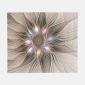 うれしそうな花抽象芸術ベージュブラウンフローラフラクタル フリースブランケット (正面(横))