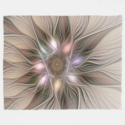 うれしそうな花抽象芸術ベージュブラウンフローラフラクタル フリースブランケット (正面(横))