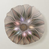 うれしそうな花抽象芸術ベージュブラウンフローラフラクタル ラウンドクッション (裏面)