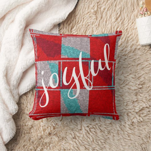 うれしそうな赤い青の編み物格子模様クリスマス クッション (ブランケット)