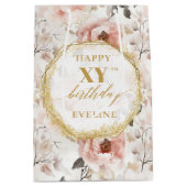 うれしそうな赤面ピンクボホ金ゴールド90誕生日抱き枕 ミディアムペーパーバッグ (正面)