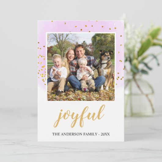 うれしそうな赤面ピンク金ゴールドグリッター紙吹雪クリスマス シーズンカード (スタンド正面)