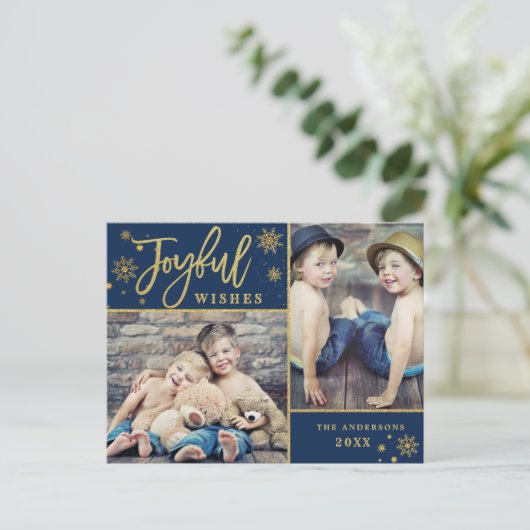 うれしそうな金ゴールドモダンフレームスクリプト2 PHOTO Greeting ポストカード (スタンド正面)