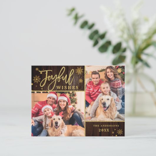 うれしそうな金ゴールドモダンフレームスクリプト2 PHOTO Greeting ポストカード (スタンド正面)