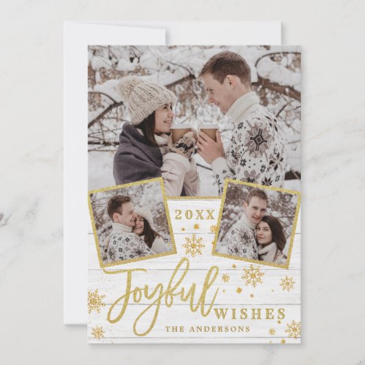 うれしそうな金ゴールドモダンフレームスクリプト3 PHOTO Greeting シーズンカード (正面)