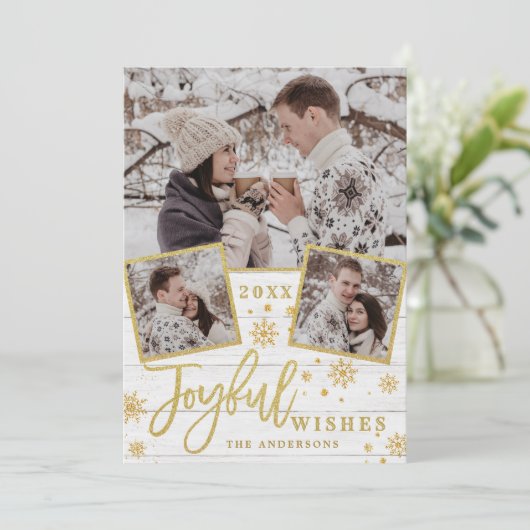 うれしそうな金ゴールドモダンフレームスクリプト3 PHOTO Greeting シーズンカード (スタンド正面)