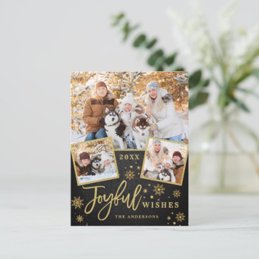 うれしそうな金ゴールドモダンフレームスクリプト3 PHOTO Greeting ポストカード (スタンド正面)