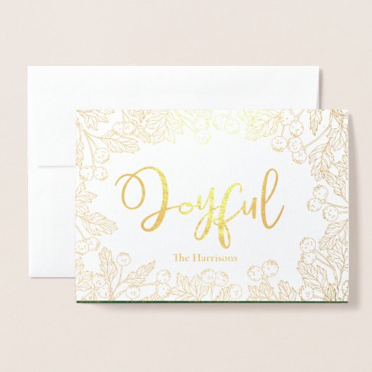 うれしそうな金ゴールド冬の果実グリーンクリスマスフォト 箔カード (封筒付き正面)