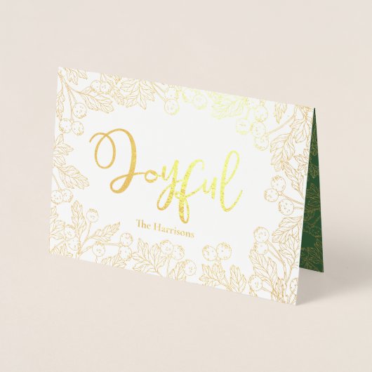 うれしそうな金ゴールド冬の果実グリーンクリスマスフォト 箔カード (正面)