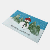 うれしそうな雪だるまメリークリスマスと新年 ドアマット (アングル)