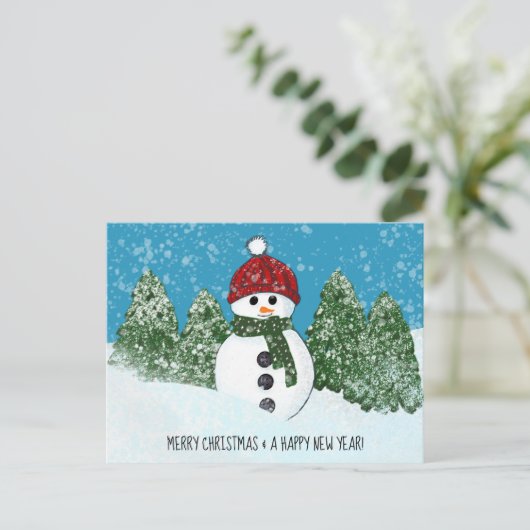 うれしそうな雪だるまメリークリスマスと新年 ポストカード (スタンド正面)