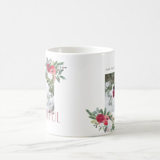 うれしはっきりしたい花模様フォトホリデーカード コーヒーマグカップ (中央)