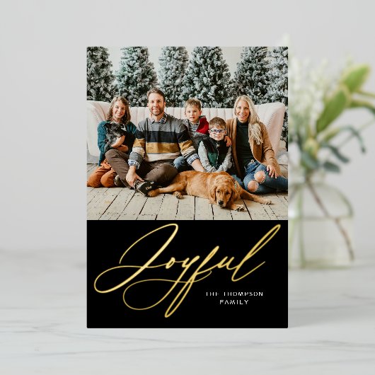 うれしエレガントいパーソナライズされた金ゴールド黒い写真 箔シーズンカード (立ち正面)