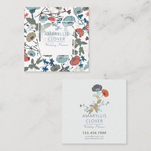 うれしカラフルい青いオレンジの緑の花柄 スクエア名刺 (正面/裏面)