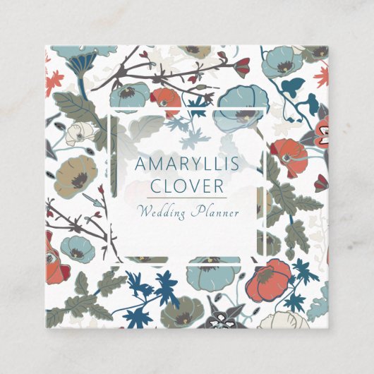 うれしカラフルい青いオレンジの緑の花柄 スクエア名刺 (正面)