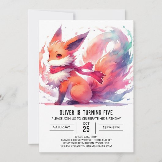 うれしモダンいキツネ誕生日 招待状 (正面)