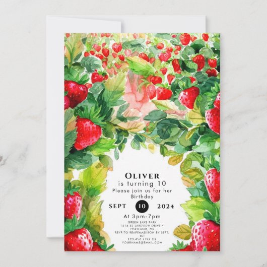 うれし魅力的いお洒落いちご誕生日 招待状 (正面)