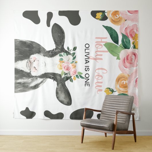 うわー 一歳の誕生日 ピンクのギンガムと花柄の背景 タペストリー (インサイチュ(横))