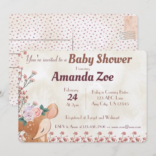 うわー！赤ちゃんお鹿のシャワー/お誕生日パーティーのご招待だわ！ 招待状 (正面/裏面)