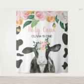 うわー 1歳のピンクのギンガムチェックの花柄の誕生日 タペストリー (正面)