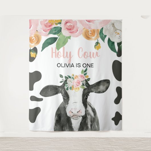 うわー 1歳のピンクのギンガム 花柄 バースデー タペストリー (正面)