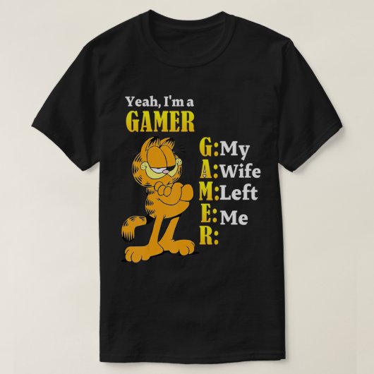 ええ私はゲーマー私の妻は私のゲーミング離れキャットをおもしろいする Tシャツ (デザイン正面)