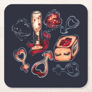 えずかしいサイコロとシャンパンの大人のユーモア ダークロマンティック スクエアペーパーコースター