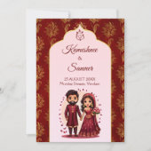 えんじと金のかわいいインドの花嫁と花婿の漫画 招待状 (正面)