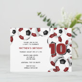 えんじと黒のサッカーボールがたくさん 子供の誕生日パーティー 招待状 (スタンド正面)