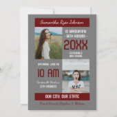 えんじのモダン ブロック 3 枚の写真を使った卒業のお知らせ 招待状 (裏面)