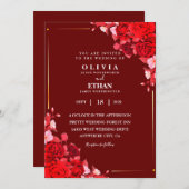 えんじの花と葉のエレガントな結婚式のカード 招待状 (正面/裏面)