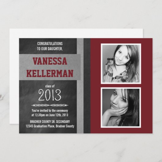 えんじ色および灰色2の写真の黒板の卒業 招待状 (正面/裏面)