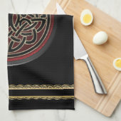 えんじ色および黒い金属ケルト結び目模様 キッチンタオル (四つ折り)