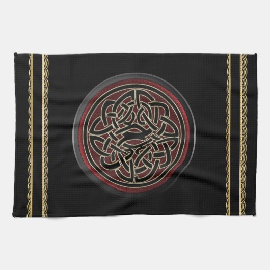 えんじ色および黒い金属ケルト結び目模様 キッチンタオル (横)