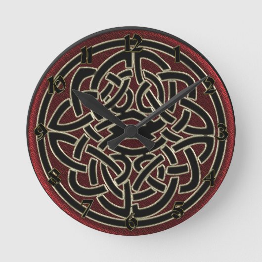 えんじ色および黒い金属ケルト結び目模様 ラウンド壁時計 (正面)