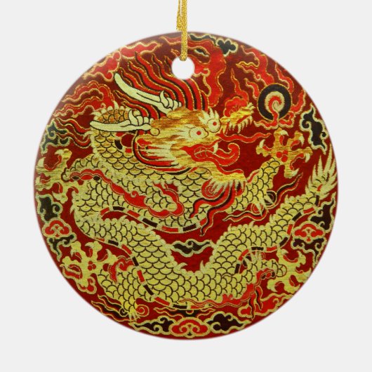 えんじ色で刺繍される金アジアドラゴン セラミックオーナメント (裏面)