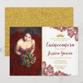 えんじ色のレース及びグリッターの金ゴールドのプリンセスQuinceañera 招待状