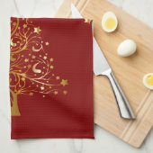 えんじ色の美しい金属金ゴールドのクリスマスツリー キッチンタオル (四つ折り)