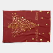 えんじ色の美しい金属金ゴールドのクリスマスツリー キッチンタオル (横)