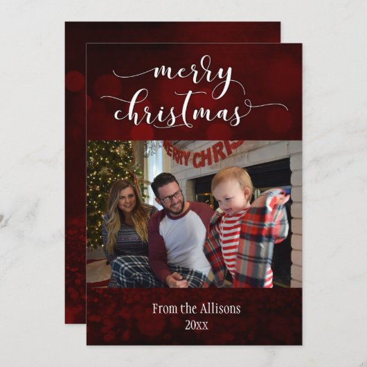 えんじ色の背景が付いているメリークリスマスの写真 シーズンカード (正面/裏面)