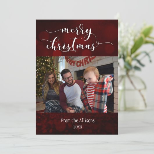 えんじ色の背景が付いているメリークリスマスの写真 シーズンカード (スタンド正面)