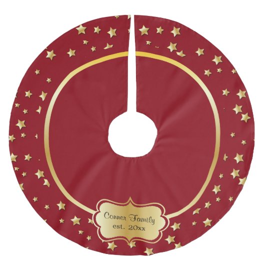 えんじ色の背景のメリークリスマスの金ゴールドの星 ブラッシュドポリエステルツリースカート (正面)