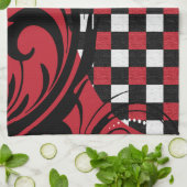 、えんじ色、チェック模様の渦巻形のなパターン|黒白い キッチンタオル (折り畳み)