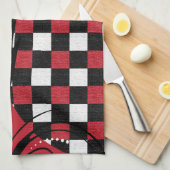 、えんじ色、チェック模様の渦巻形のなパターン|黒白い キッチンタオル (四つ折り)