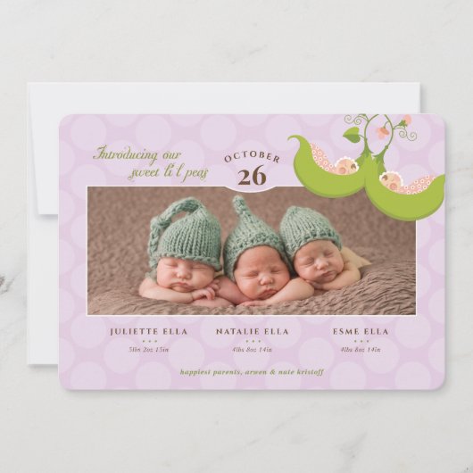 えんどう豆の双子ちゃん 誕生発表 招待状 (正面)