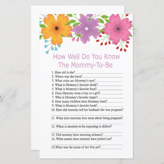 おс花の赤ちゃんシャワーのゲームをどれだけ知っているか (正面/裏面)